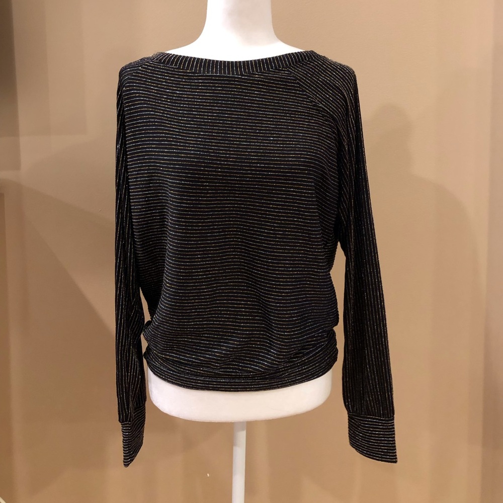 Peyton Jensen Black Lurex Top With Silver and Gold Metallic Stripes, Size S